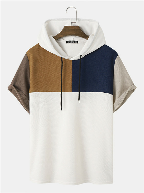 Newchic Men Color Block Splicing Short Sleeve Hooded T-Shirt