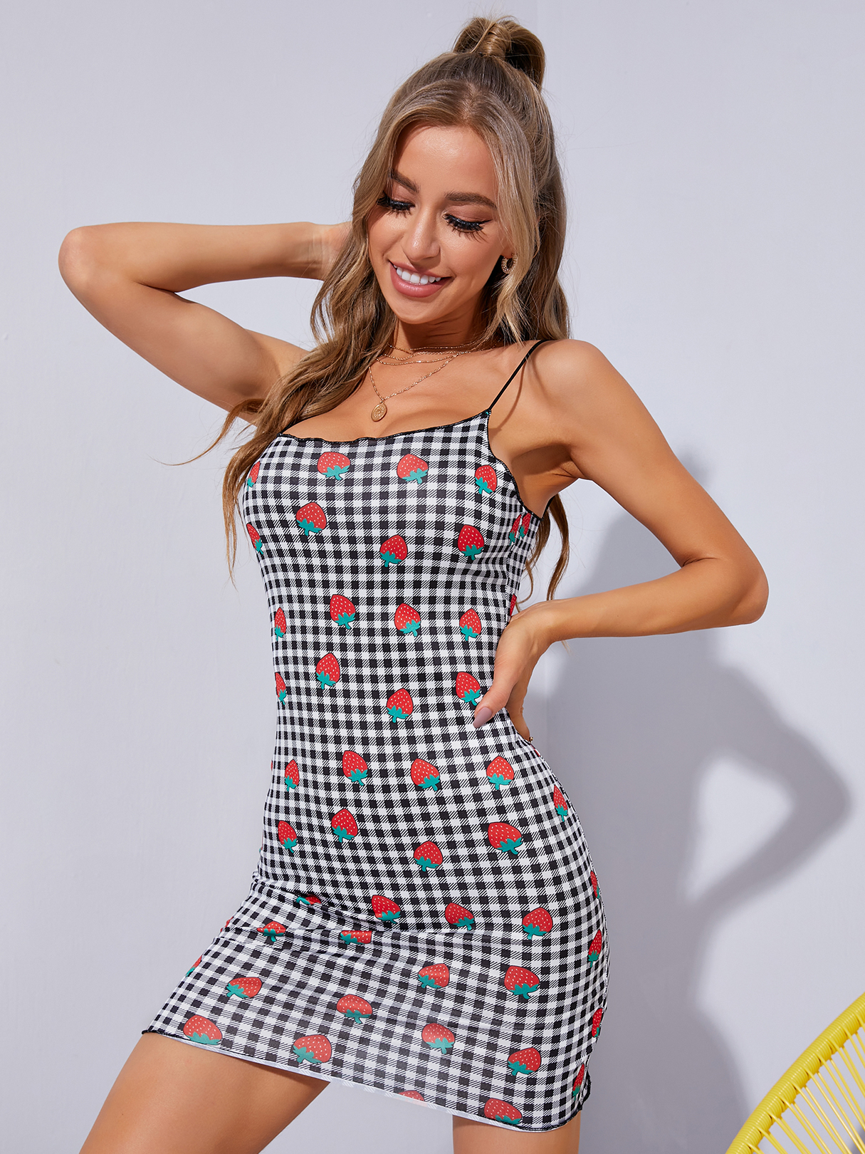 YOINS Black Spaghetti Plaid Strawberry Mini Dress