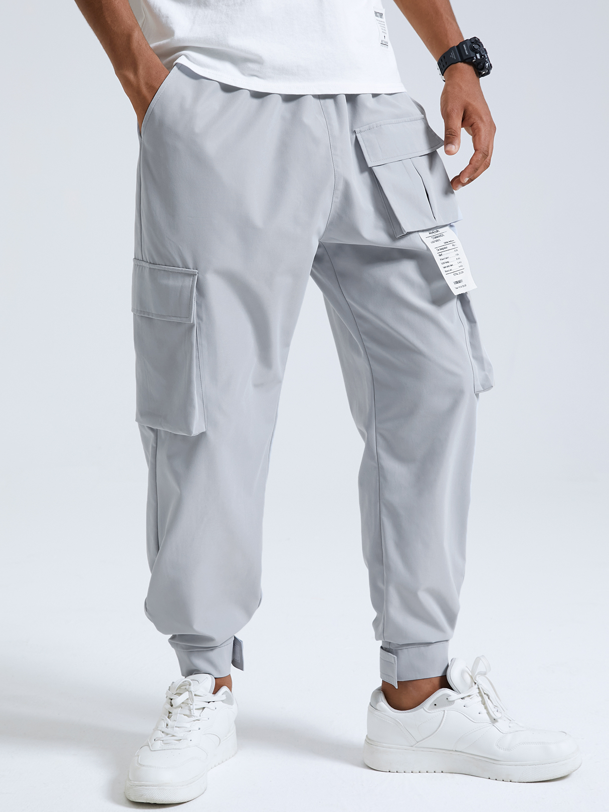 Men Fashion Plain Multi-Pocket Drawstring Waist Casual Cargo Pants