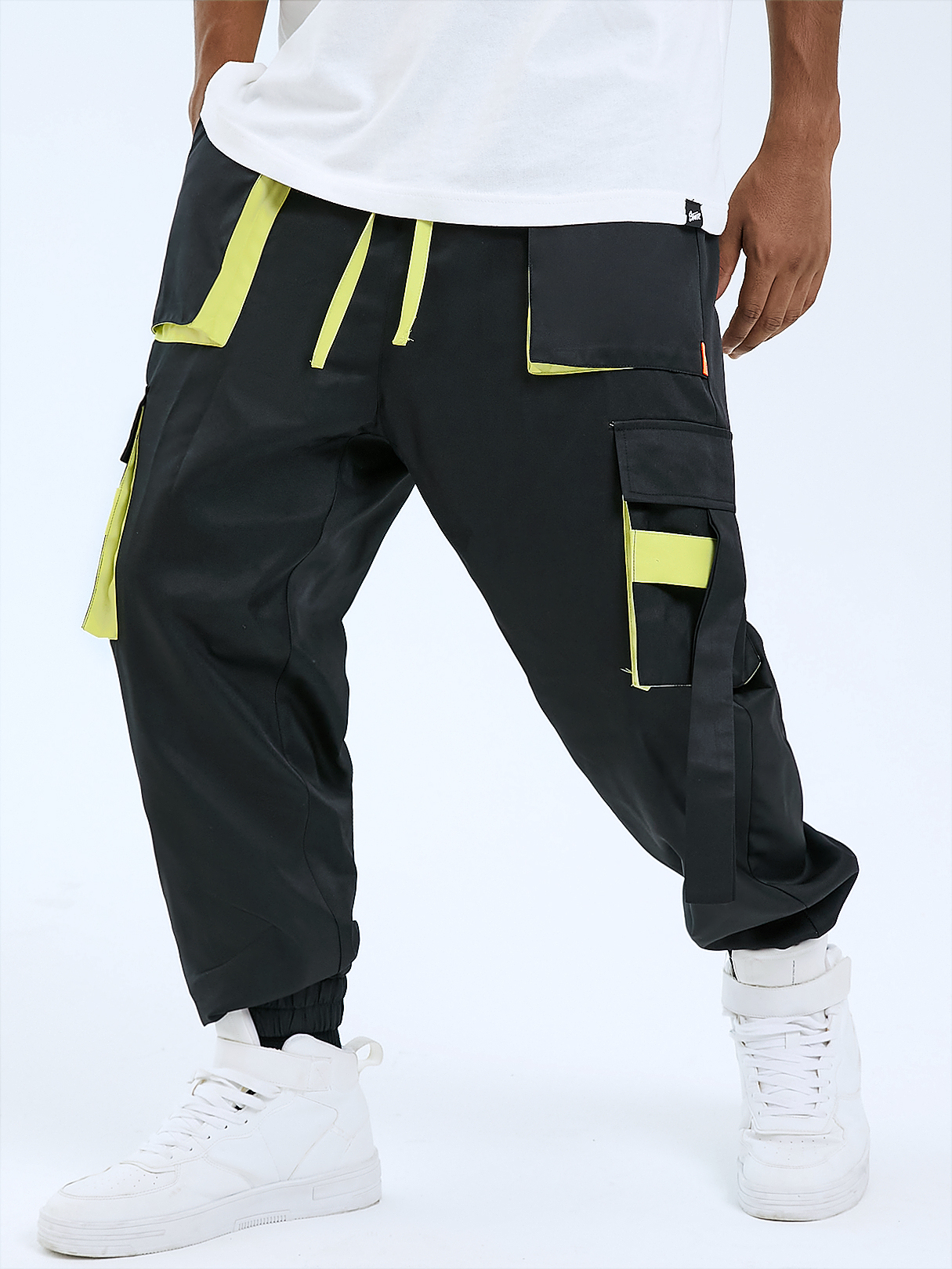 Men Streetwear Color Block Patchwork Ribbon Design Drawstring Cargo Pants
