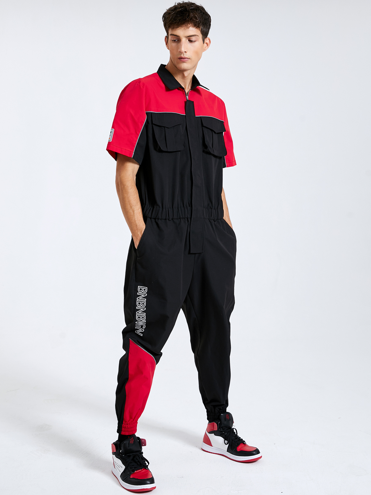 Men Hip Hop Style Letter Color Block Print Multi-Pocket Short Sleeves Overalls Jumpsuit
