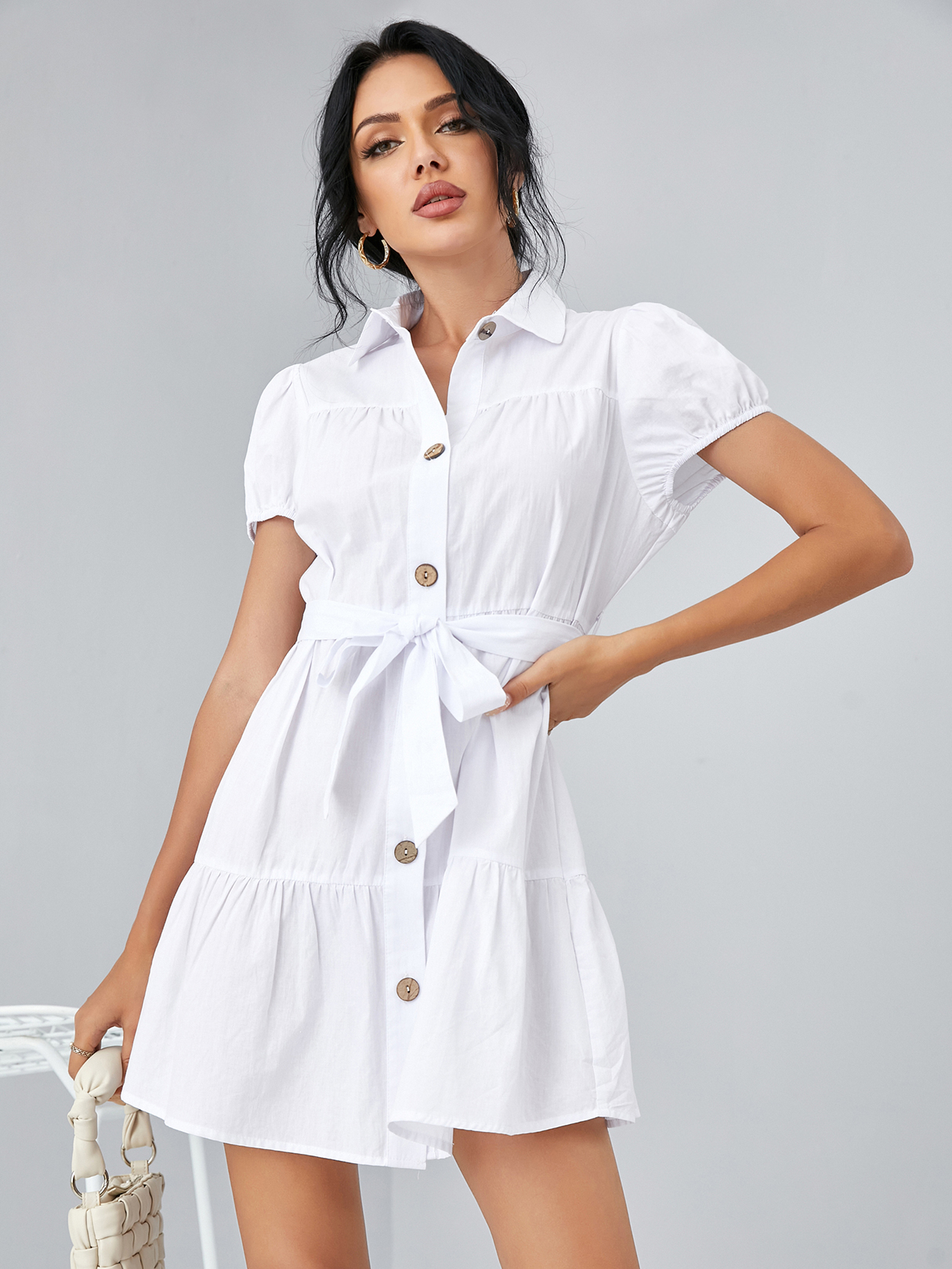YOINS Belt design Button Front Puff sleeves Mini Dress