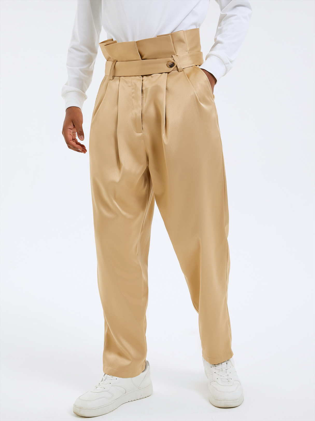 Men Retro Button Front High Waist Casual Paperbag Pants