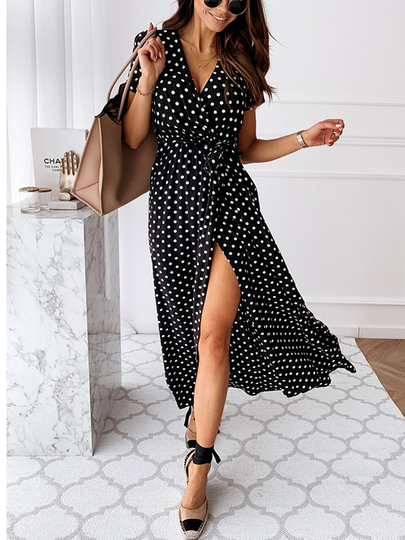 Lace-up Design Polka Dot V-neck Short Sleeves Dress
