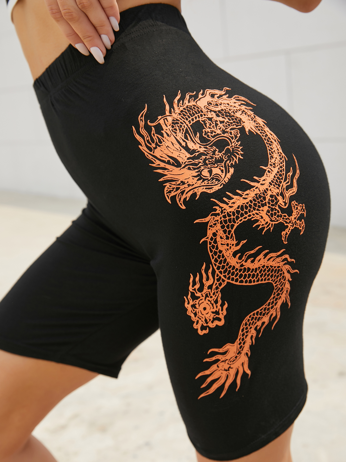 Black Dragon Print Five-points Leggings Sports Shorts