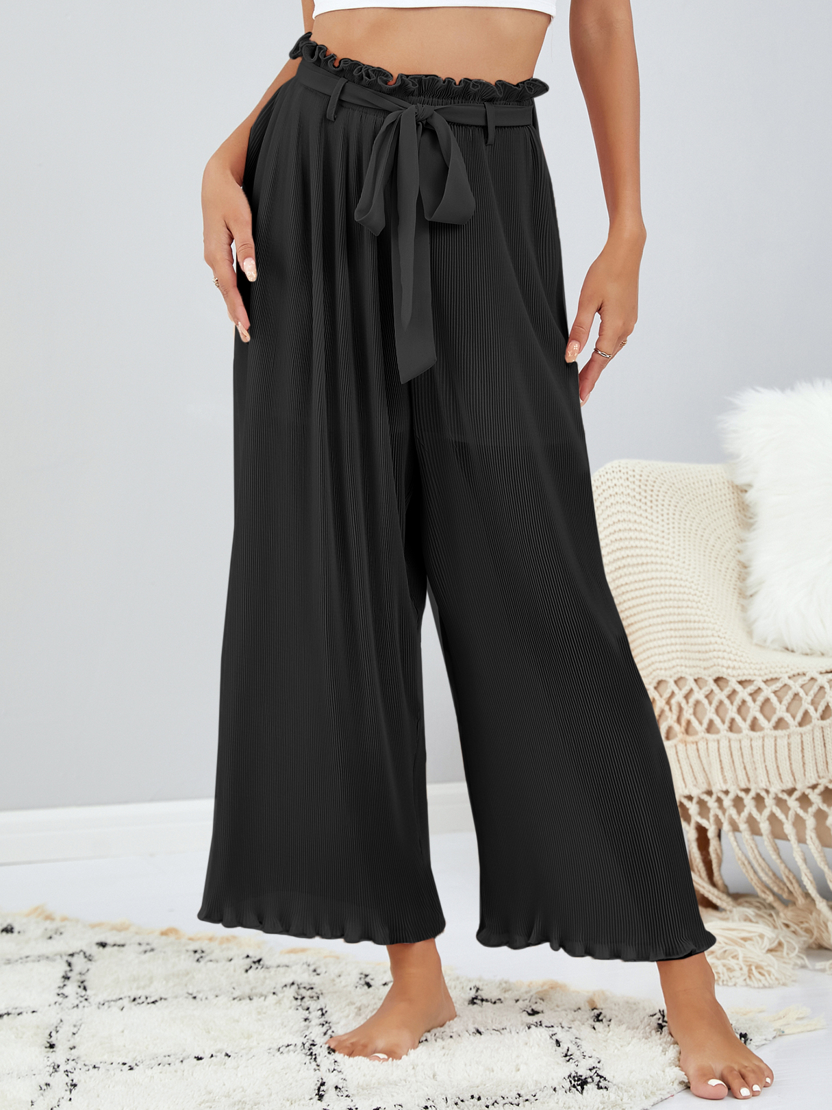YOINS Belt Design Wide Leg Casual Chiffon Pants