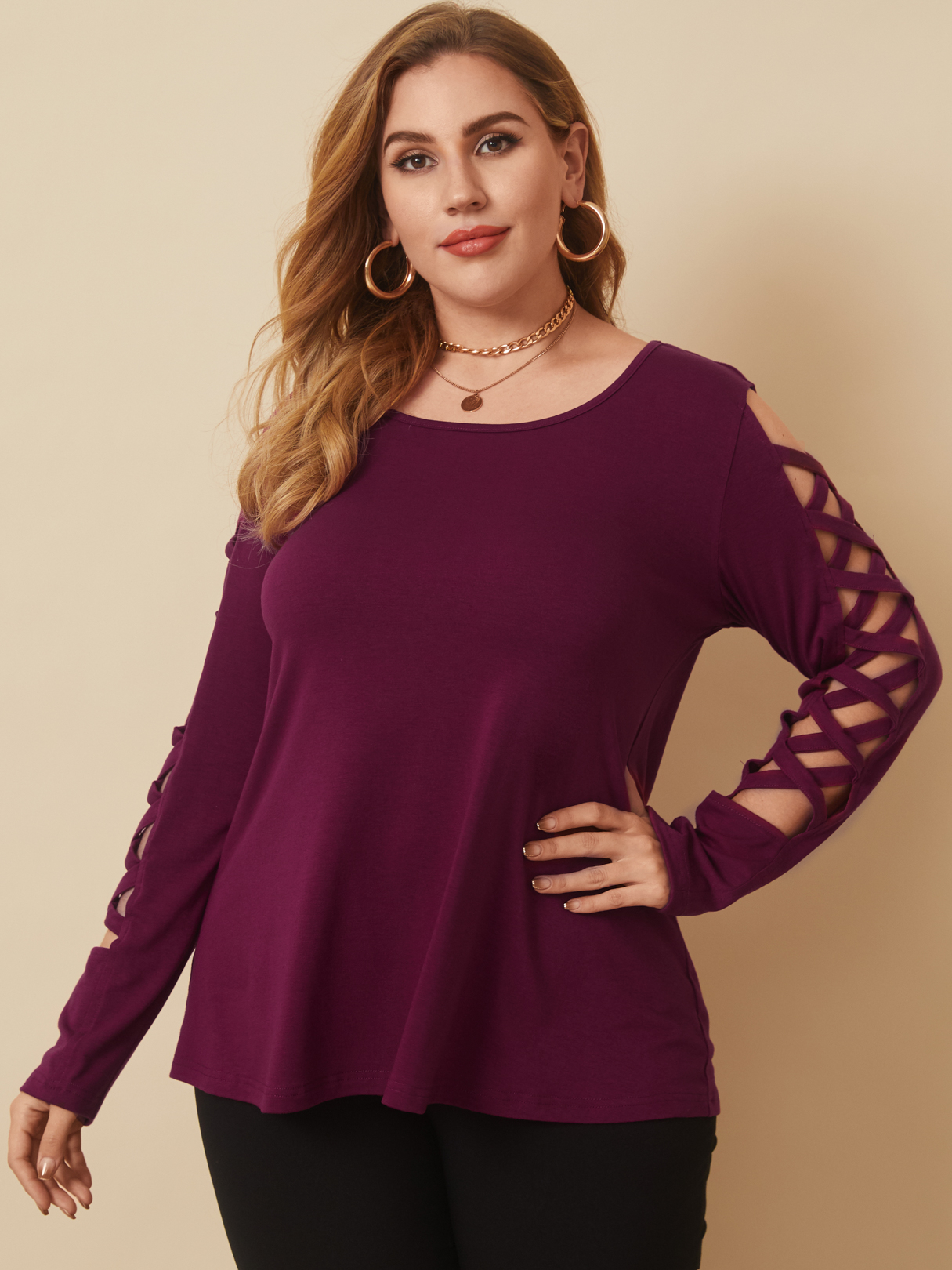 YOINS Plus Size Round Neck Criss-cross Long Sleeves Tee