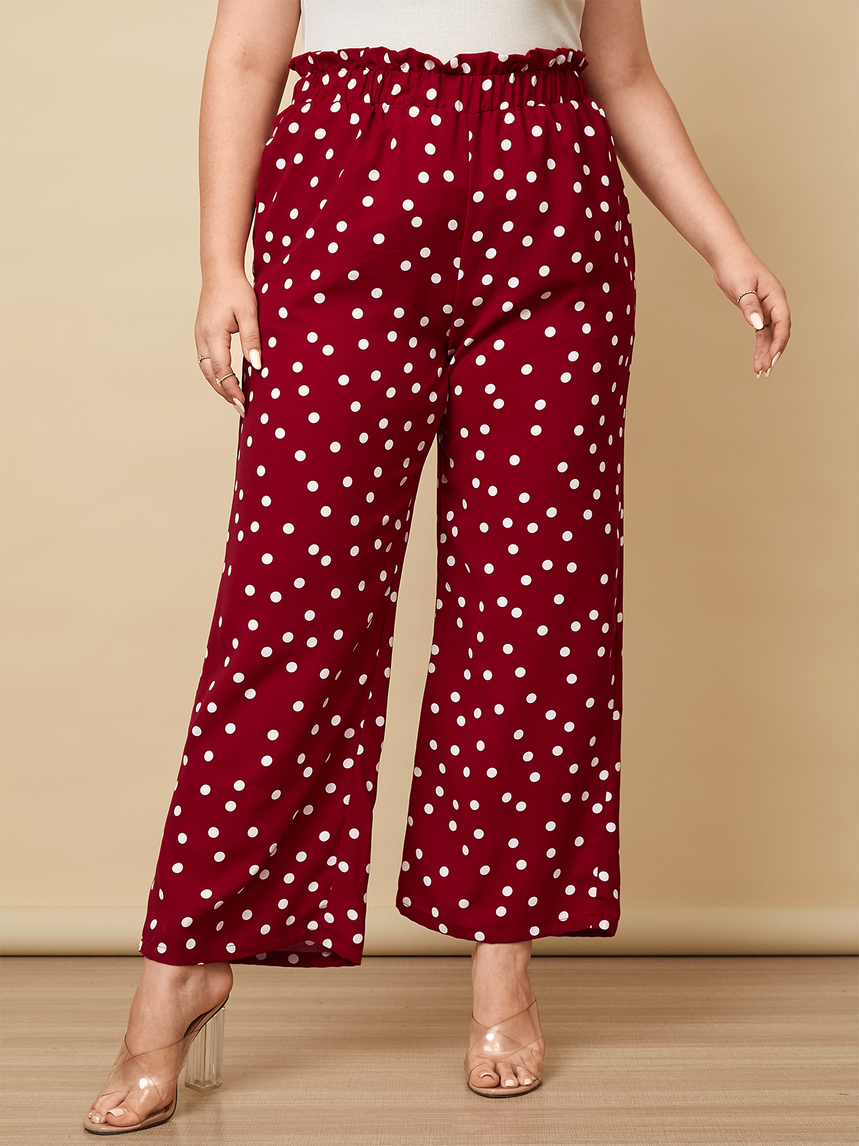 YOINS Plus Size Polka Dot Side Pocket Lettuce-Edge Pants