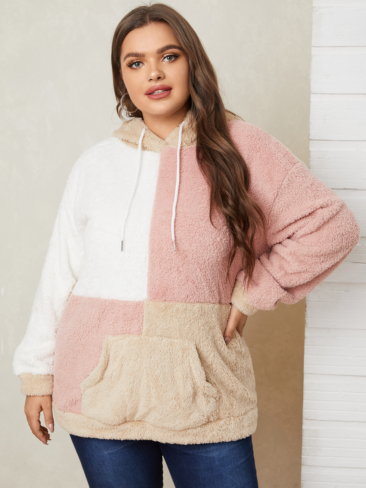 YOINS Plus Size Color Block Hooded Design Pocket Long Sleeves Sweatshirt