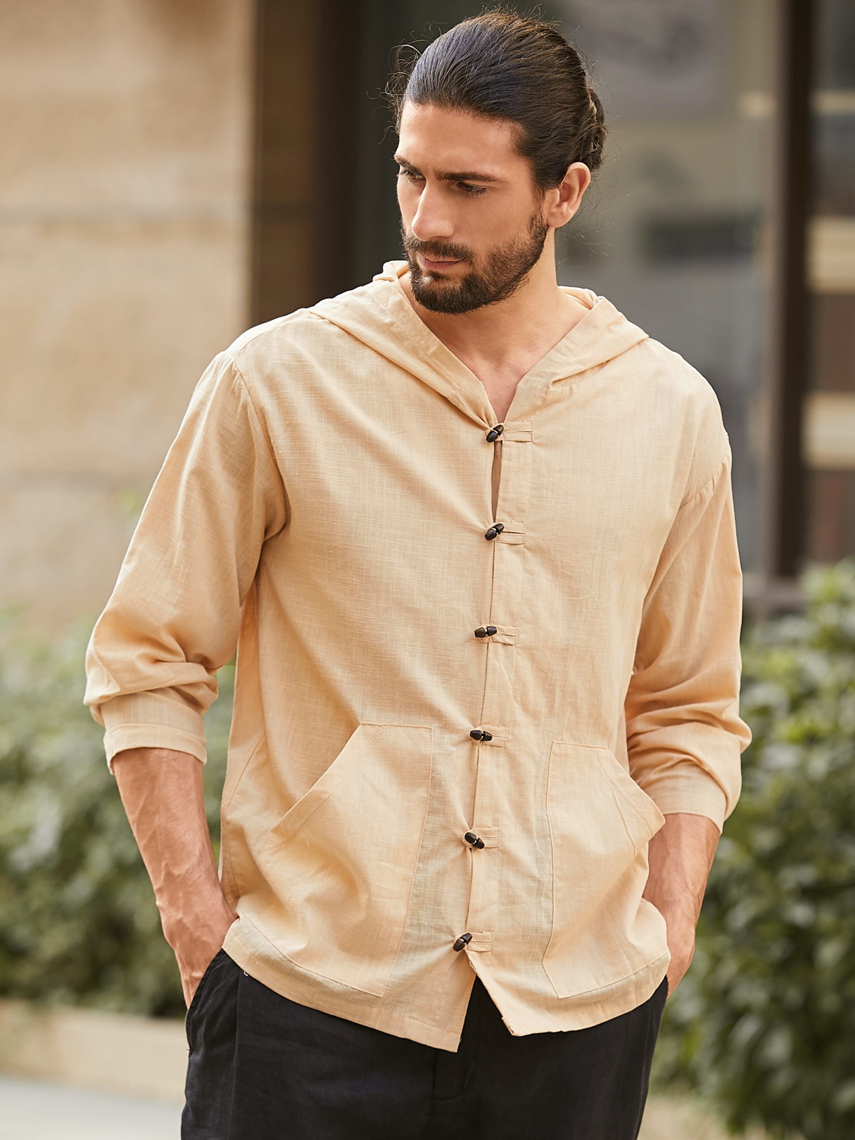 INCERUN Men Fall Thin Vintage Long Sleeve Cotton Linen Hooded Coat