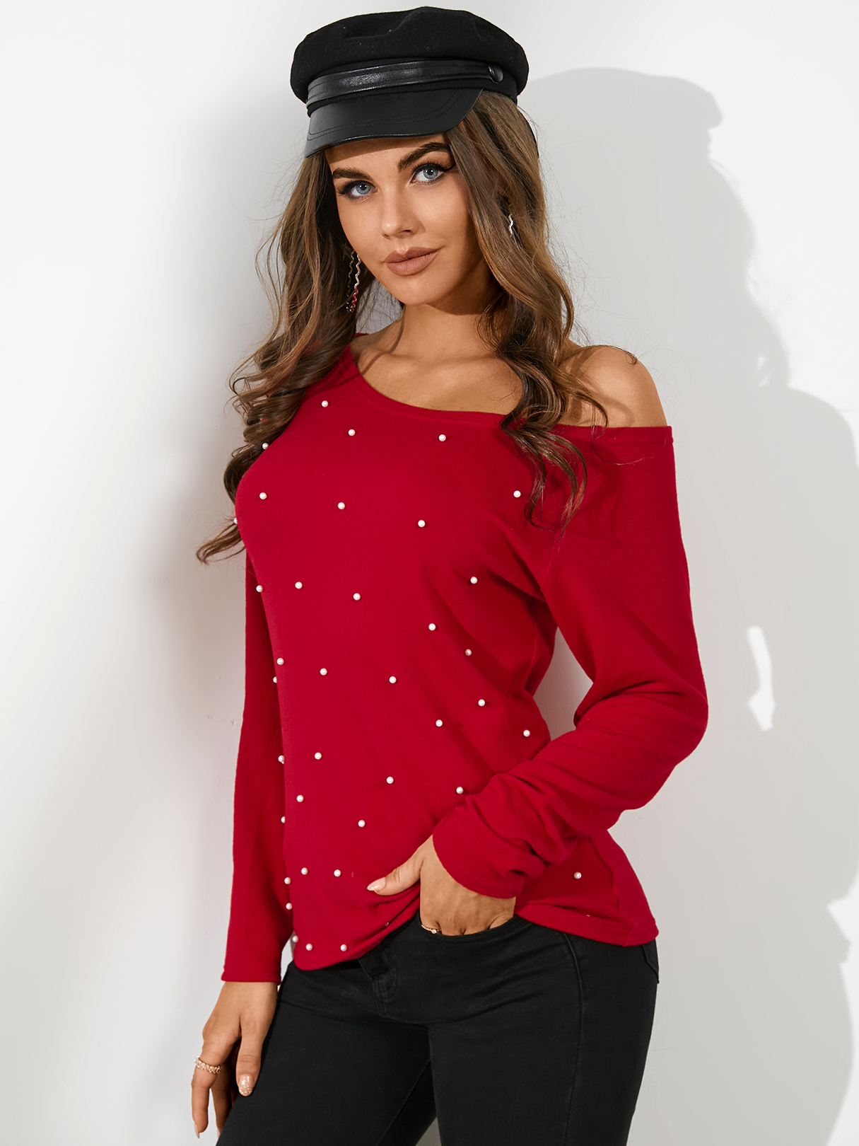 YOINS Handmade Beaded Details Round Neck Long Sleeves Tee