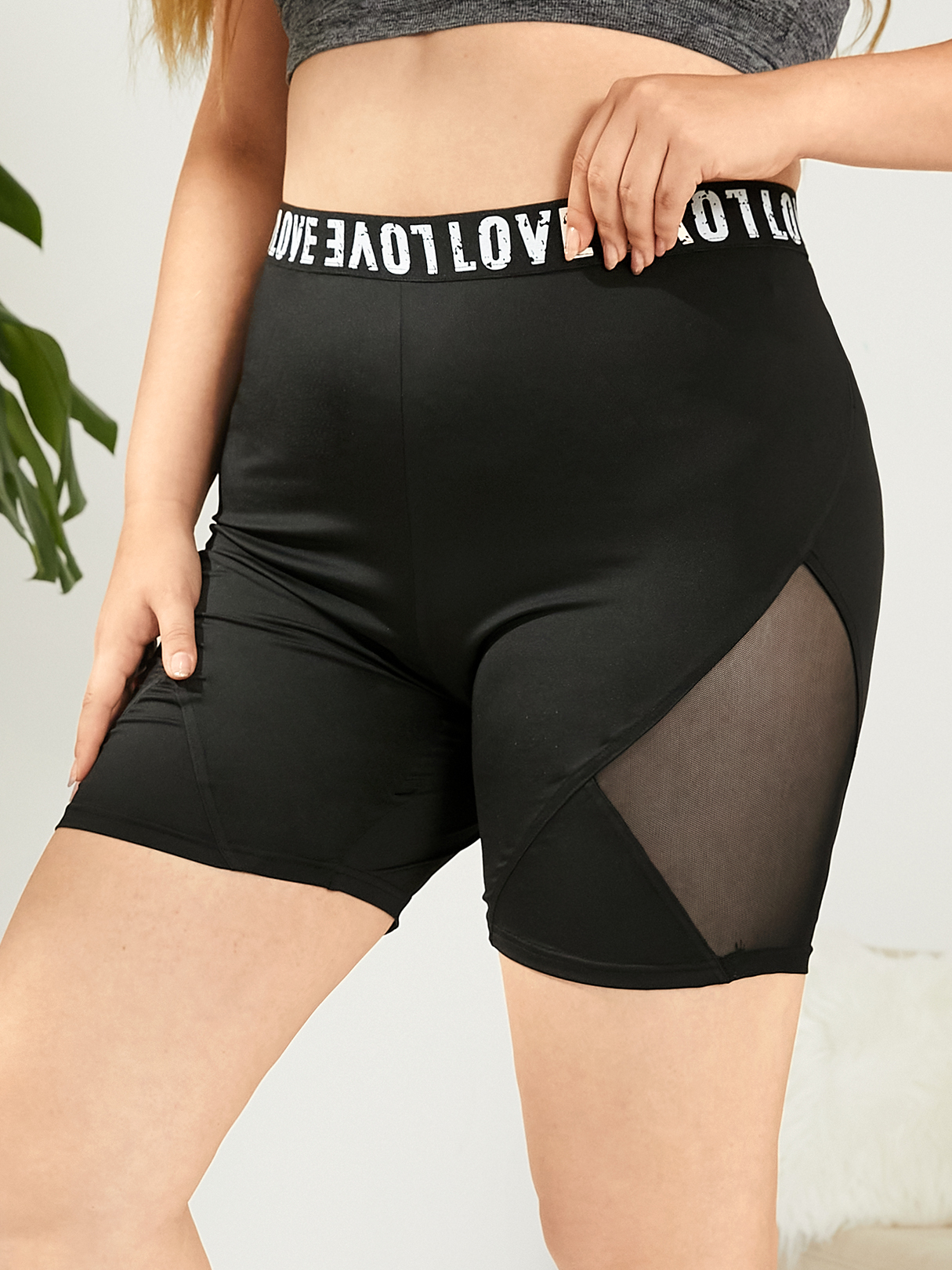 YOINS Plus Size Black Letter Mesh Patchwork Leggings