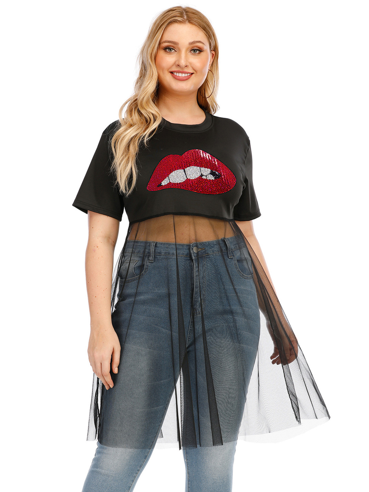Plus Size Crew Neck Graphic Short Sleeves Mesh Tee