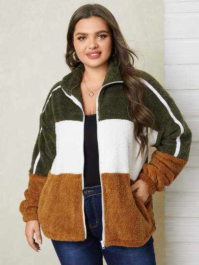 YOINS Plus Size Stand Collar Color Block Zip Front Patchwork Design Pocket Long Sleeves Jacket