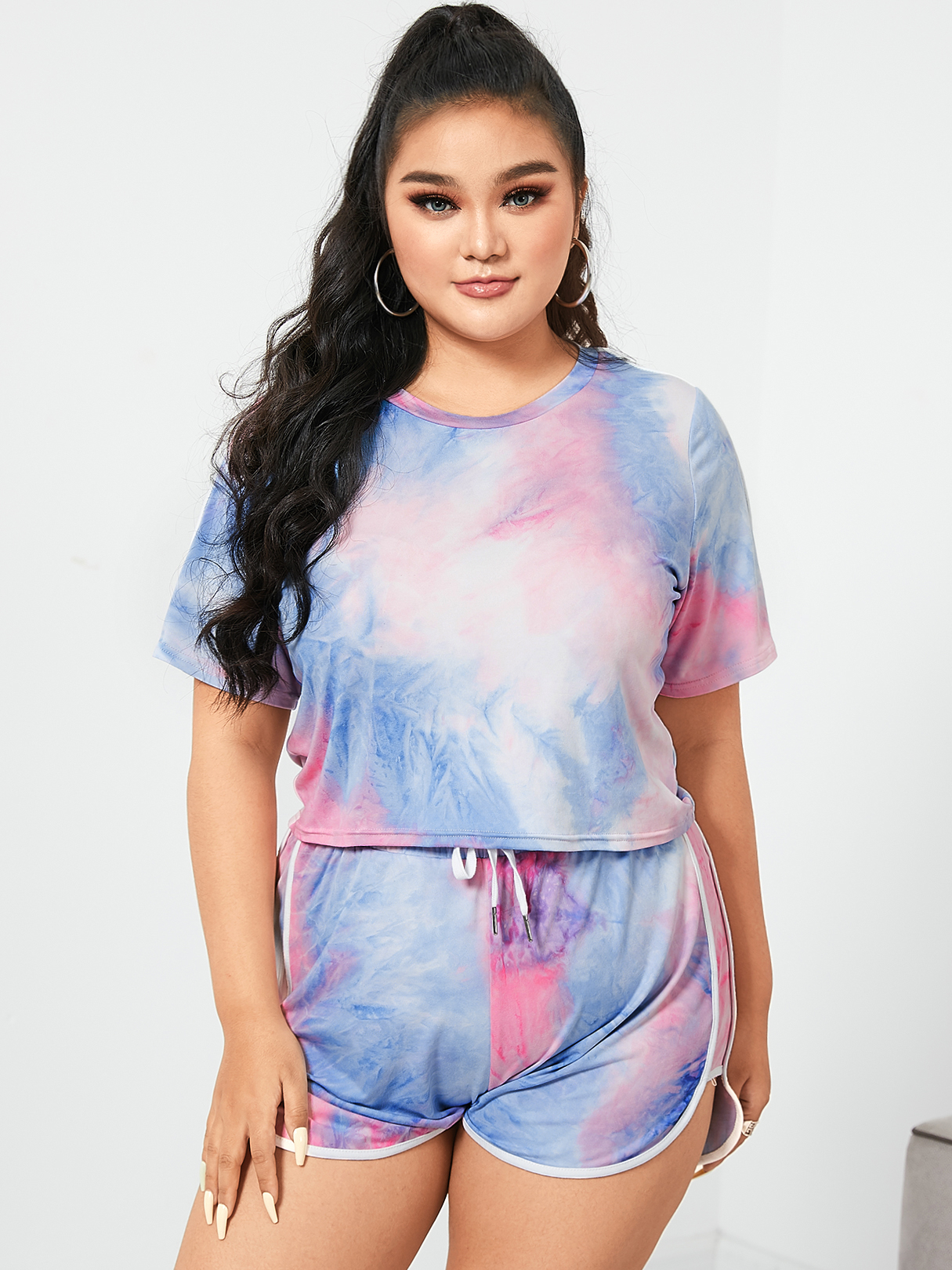 YOINS Plus Size Tie Dye Tie-up Design Short Sleeves Two Piece Outfit