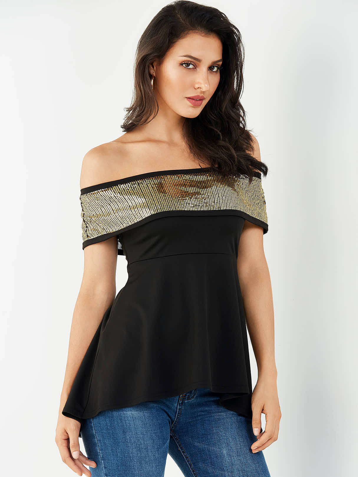 YOINS Black Sequins Embellished Off Shoulder Tee