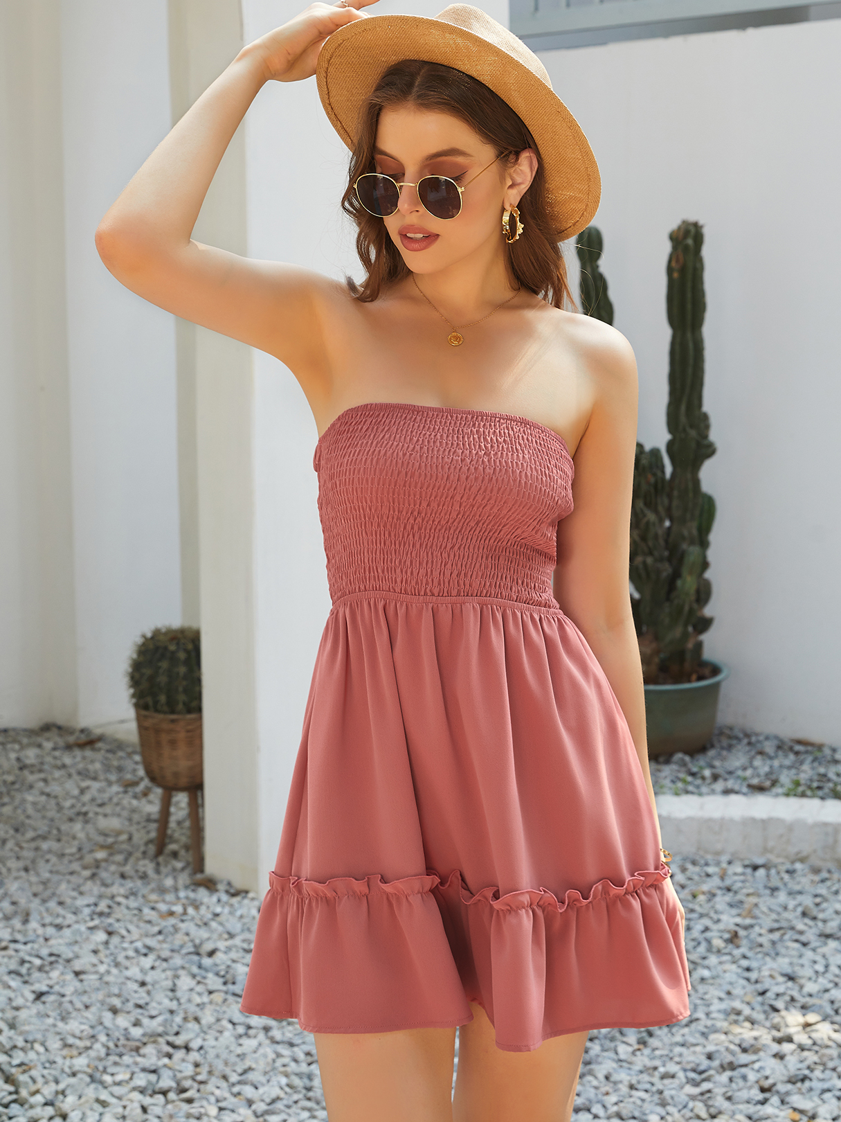 YOINS Tube Top Shirring Elastic Strap Mini Dress