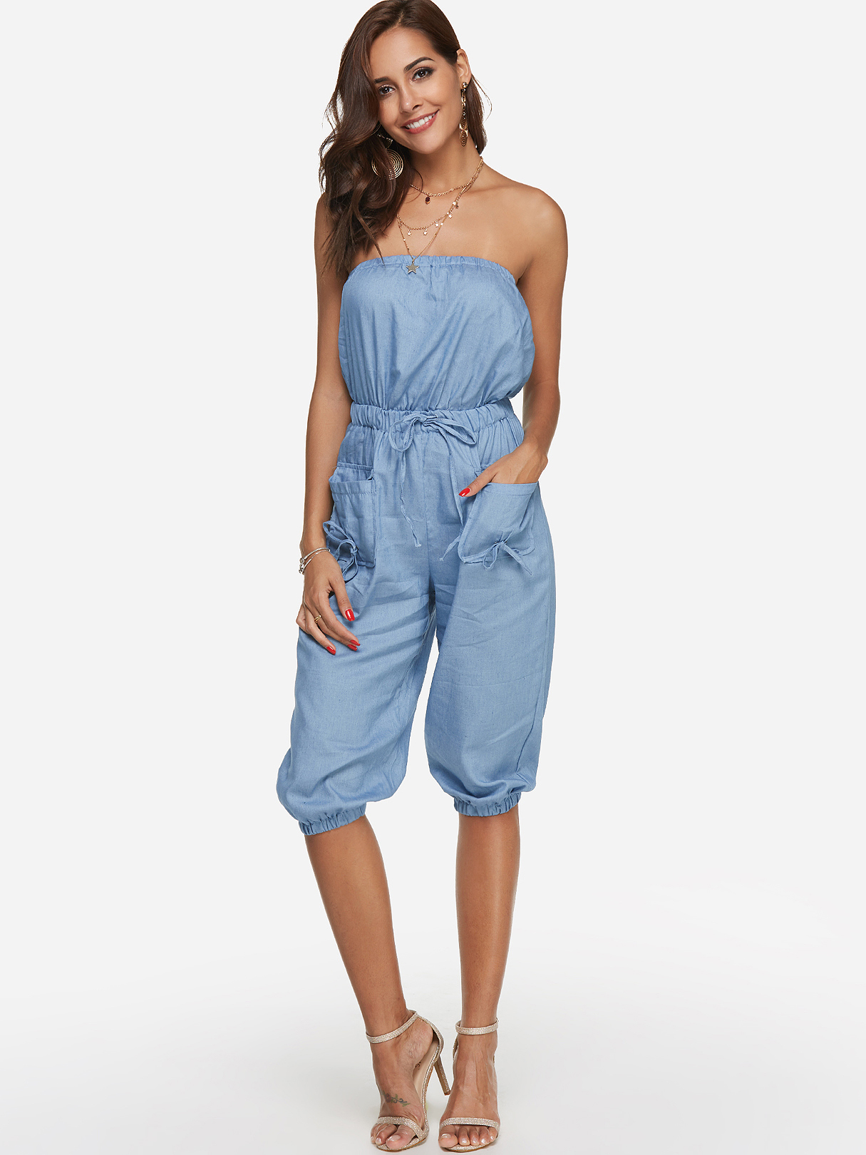 Blue Side Pockets Plain Bateau Sleeveless Drawstring Waist Jumpsuit