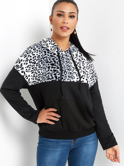 Black Leopard Pouch Pocket Long Sleeves Hoodie