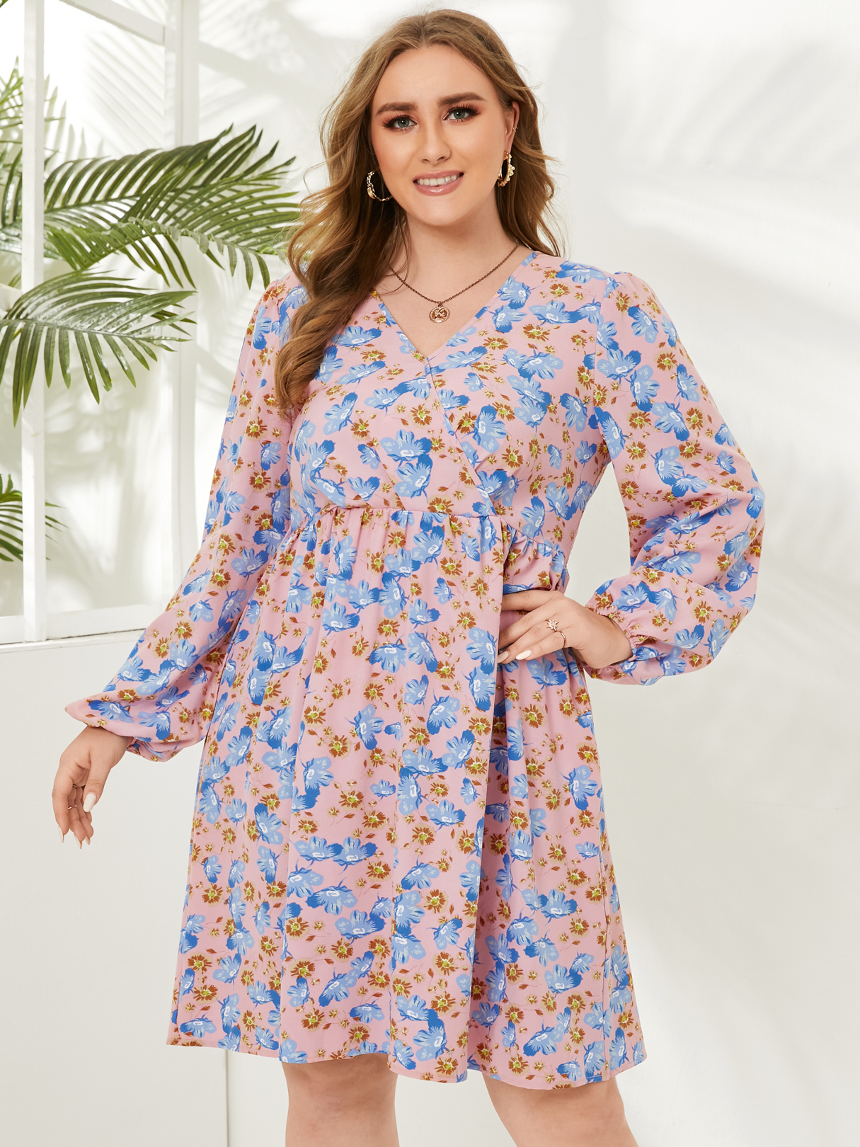 Plus Size Floral Print Crossed Front Design Long Sleeves Dress