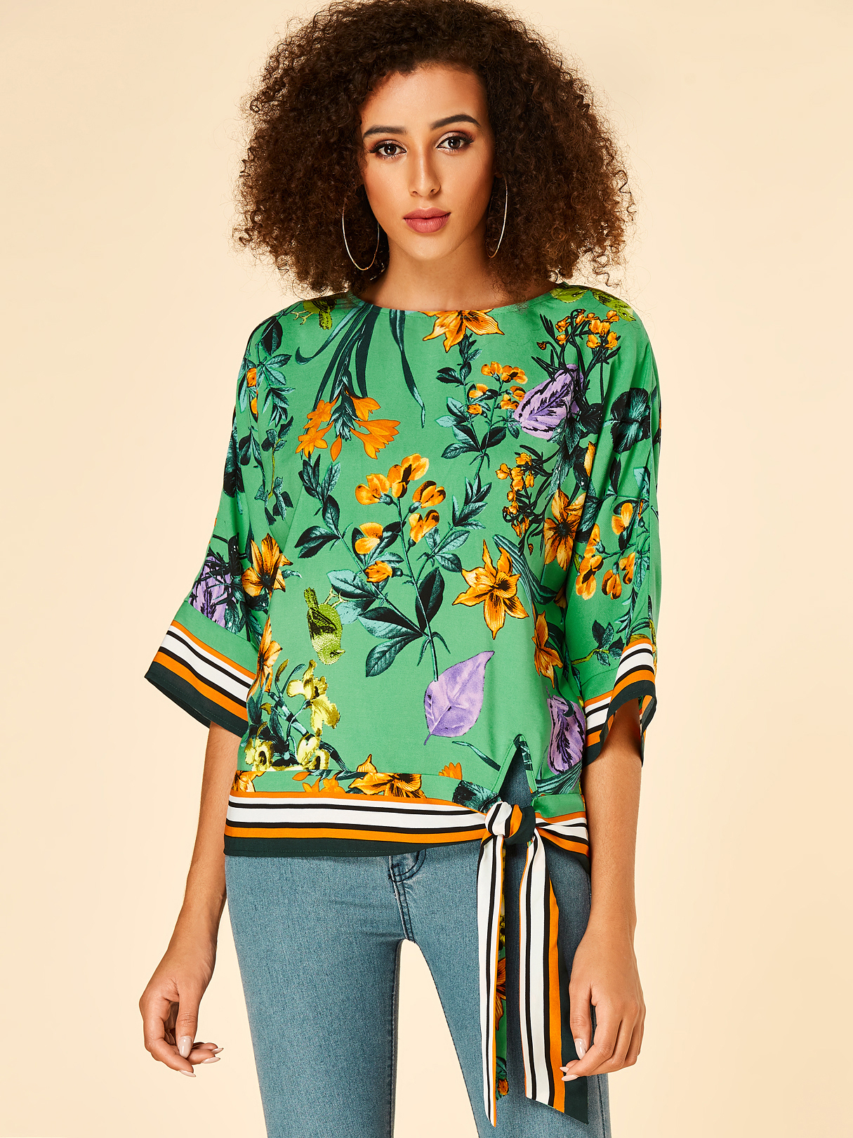 YOINS Green Tropical Print Stripe Round Neck Blouse
