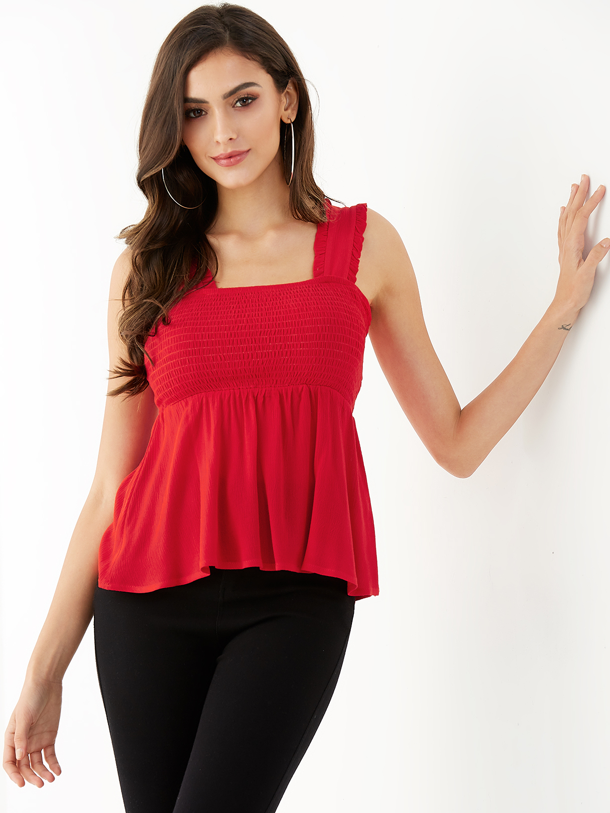 YOINS Red Straps Lettuce-edge Square Neck Smocked Tank Top