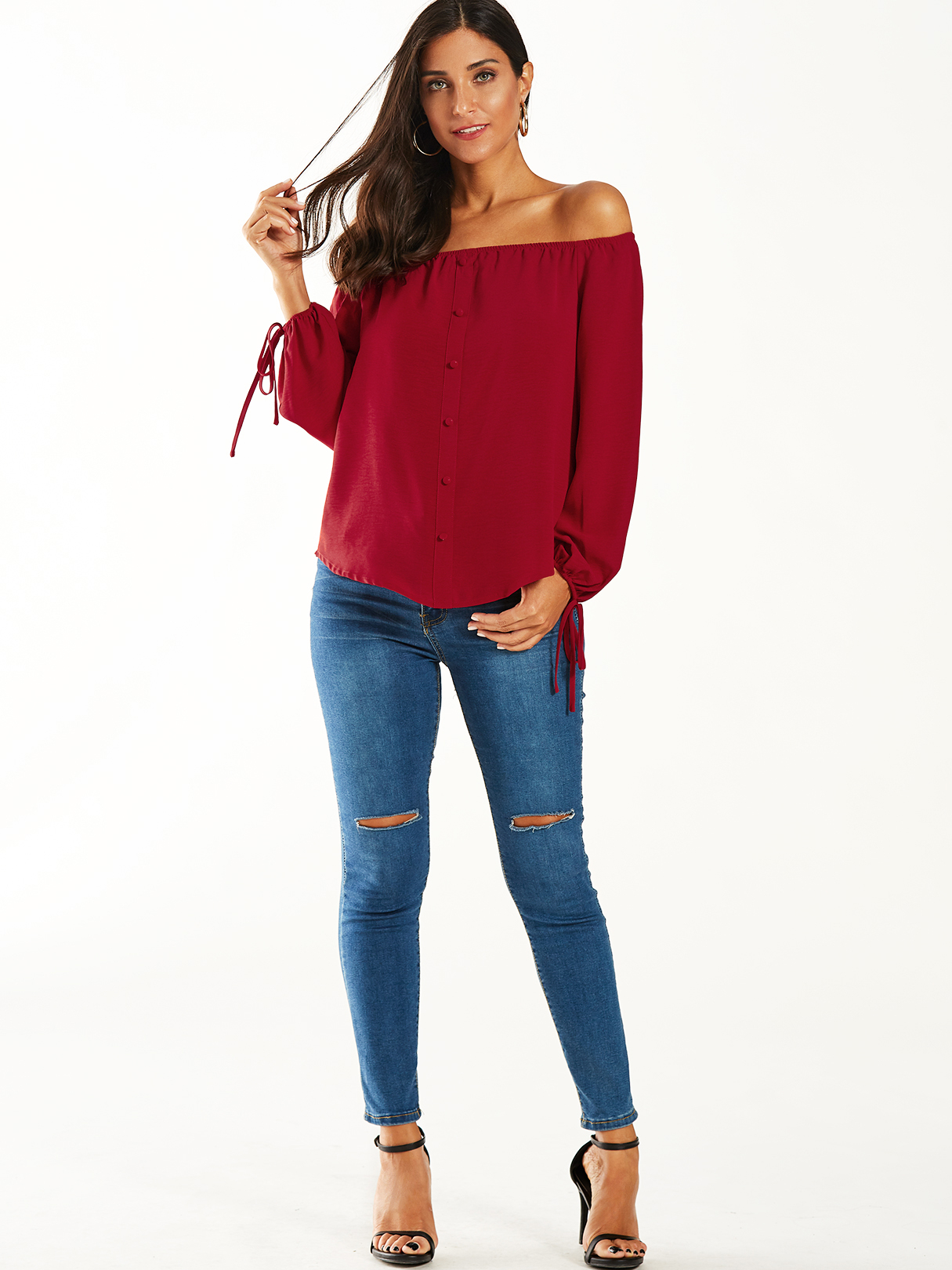 YOINS Red Off Shoulder Tie-up At Cuffs Blouse