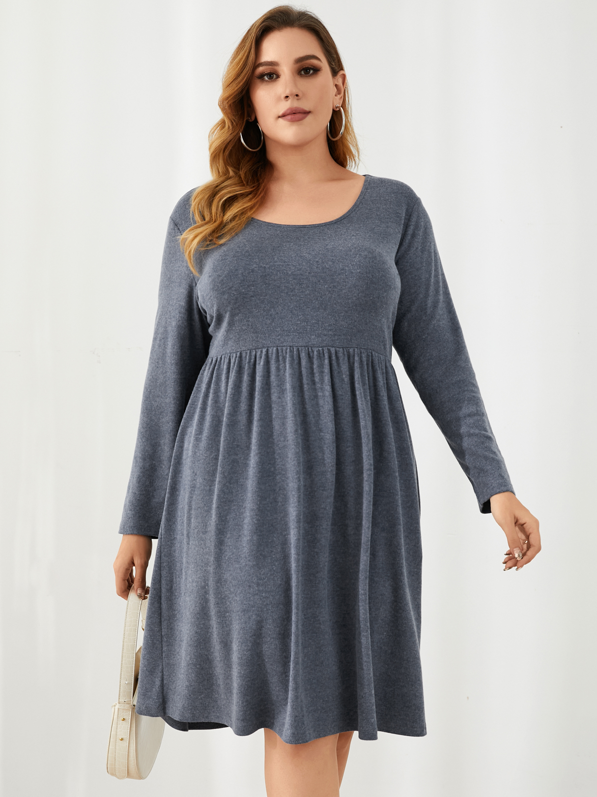 YOINS Plus Size Round Neck Pleated Design Long Sleeves Mini Dress