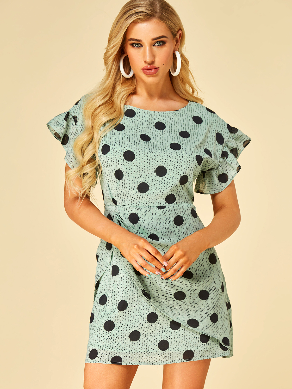 YOINS Mint Green Pleated Design Polka Dot Round Neck Dress