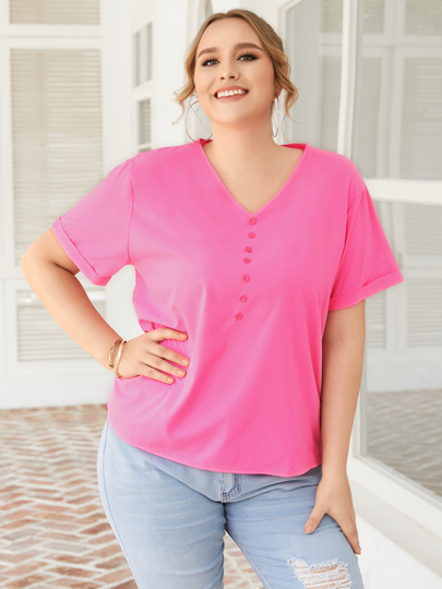 Plus Size V-neck Button Design Short Sleeves Blouse