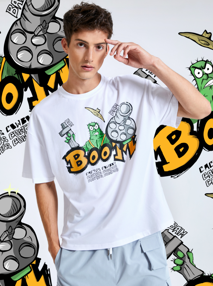 Men 100% Cotton Comfortable Cartoon Cactus And Letter T-Shirt