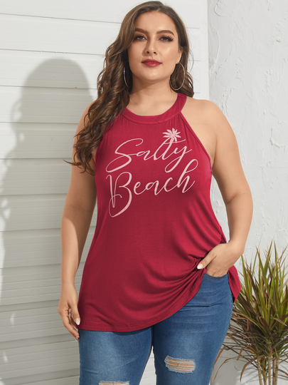 Plus Size Crew Neck Letter Print Backless Design Cami
