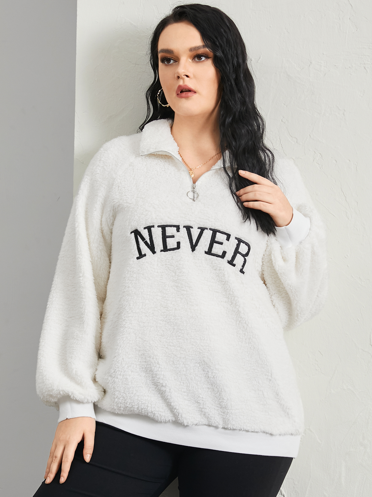 YOINS Plus Size Lapel Collar Letter Zip Front Long Sleeves Sweatshirt