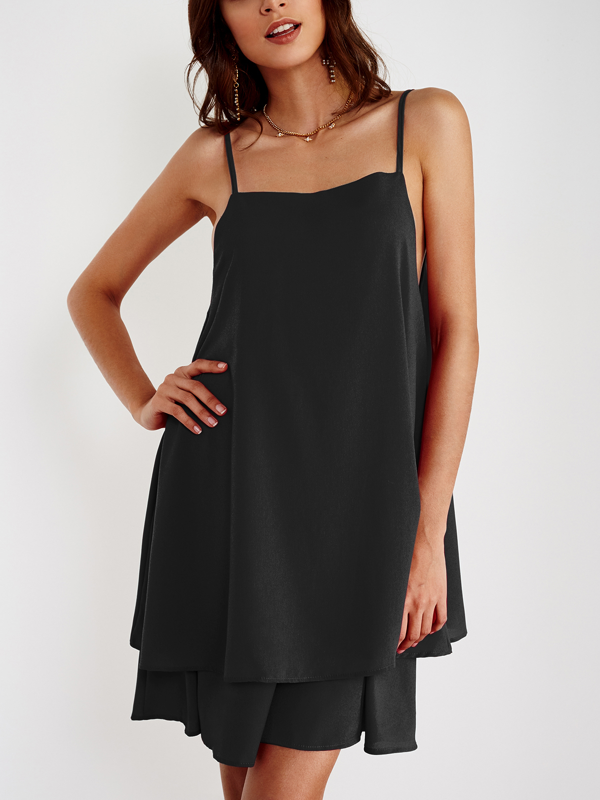 Black Adjustable Shoulder Straps Crew Neck Sleeveless Dress