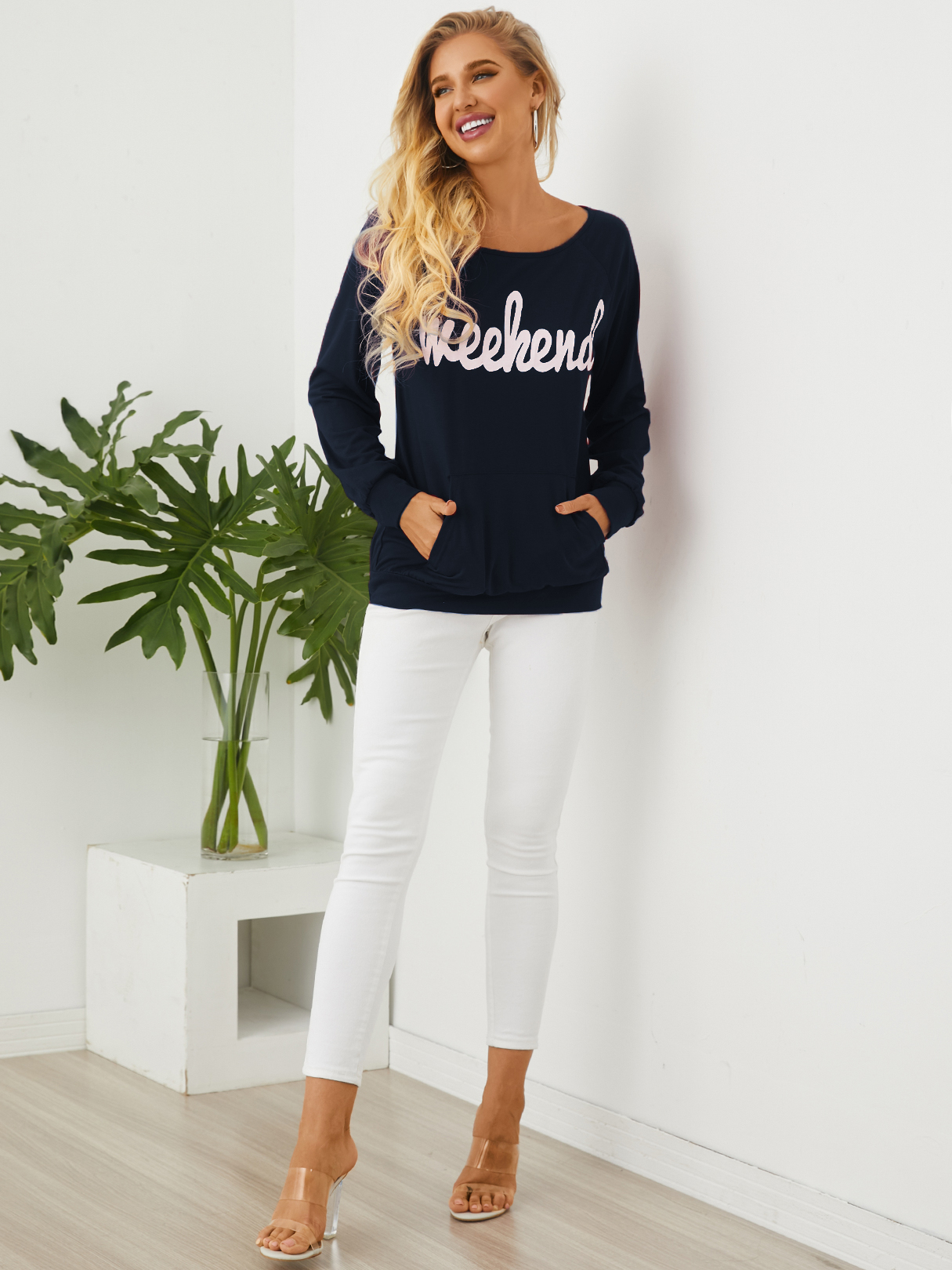 YOINS Navy Letter One Shoulder Side Pockets Sweatshirt