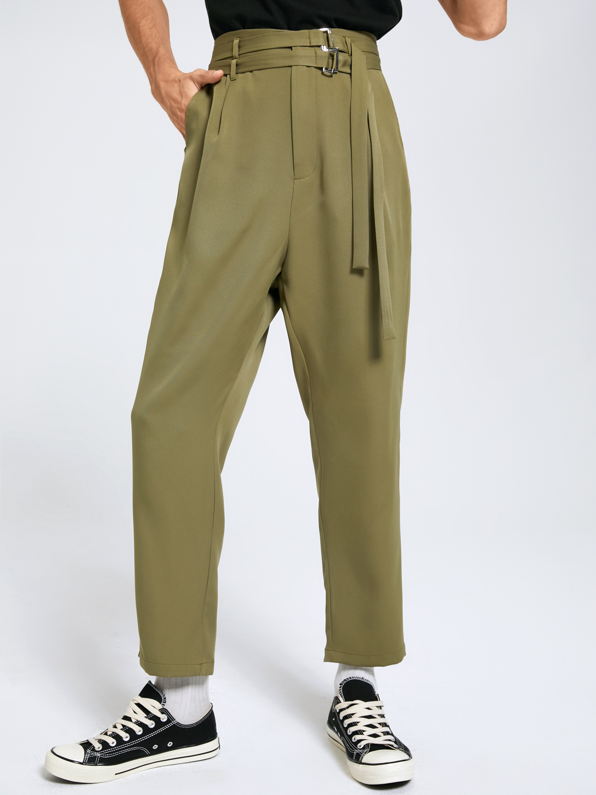 Men Fashion Double Belt Buckle Design High Waist Casual Pants