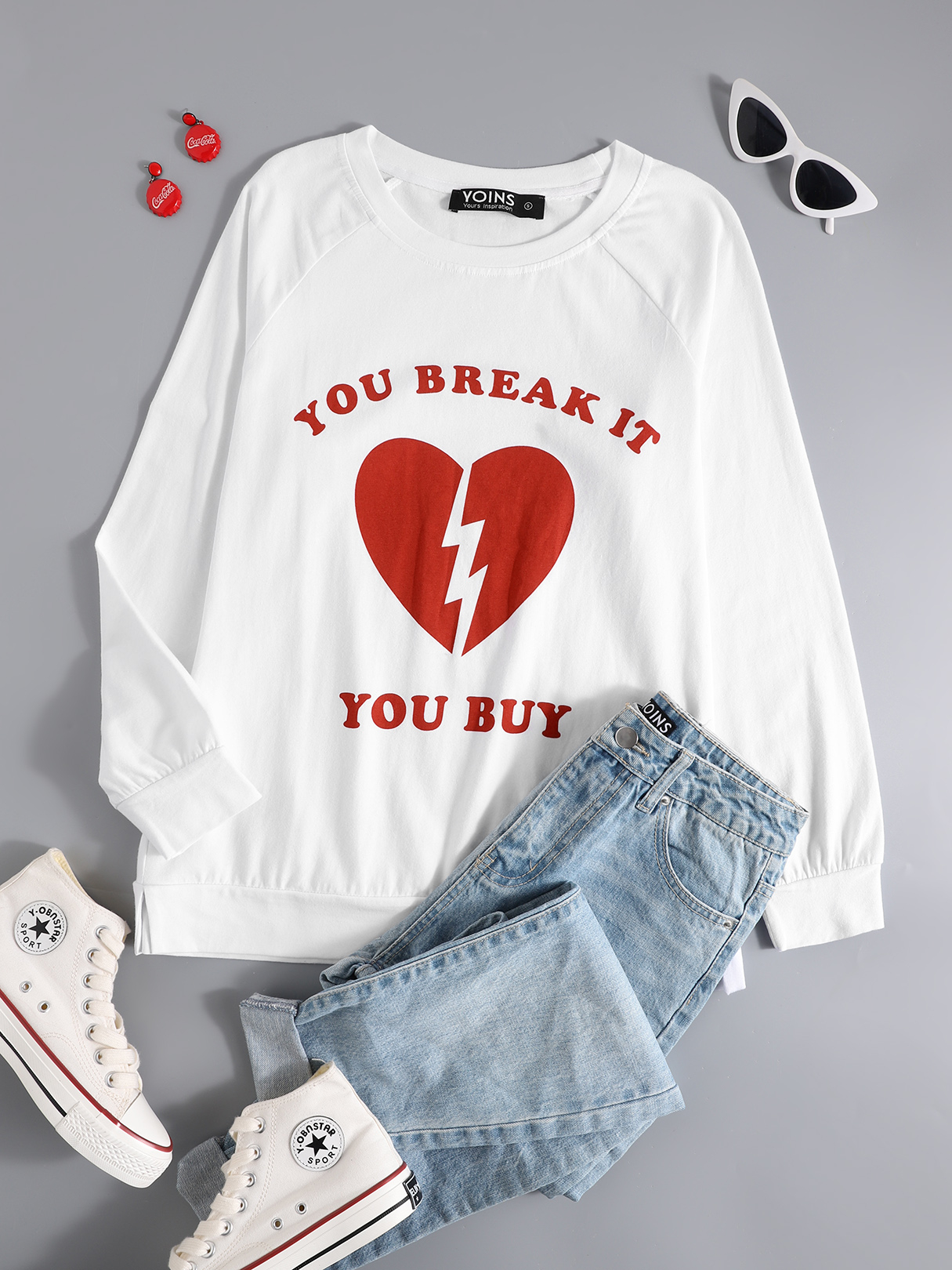 YOINS White Graphic Round Neck Long Sleeves Tee