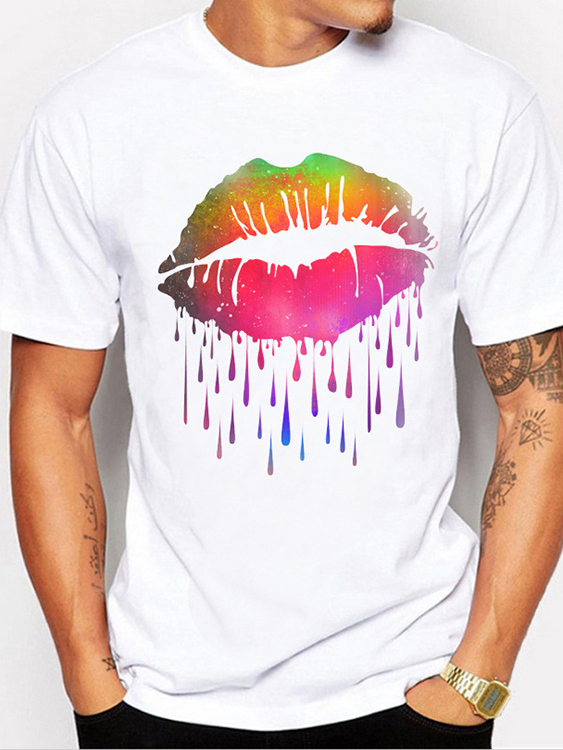 BASICS Men Summer Casual Soft Colorful Lips Print T-Shirt