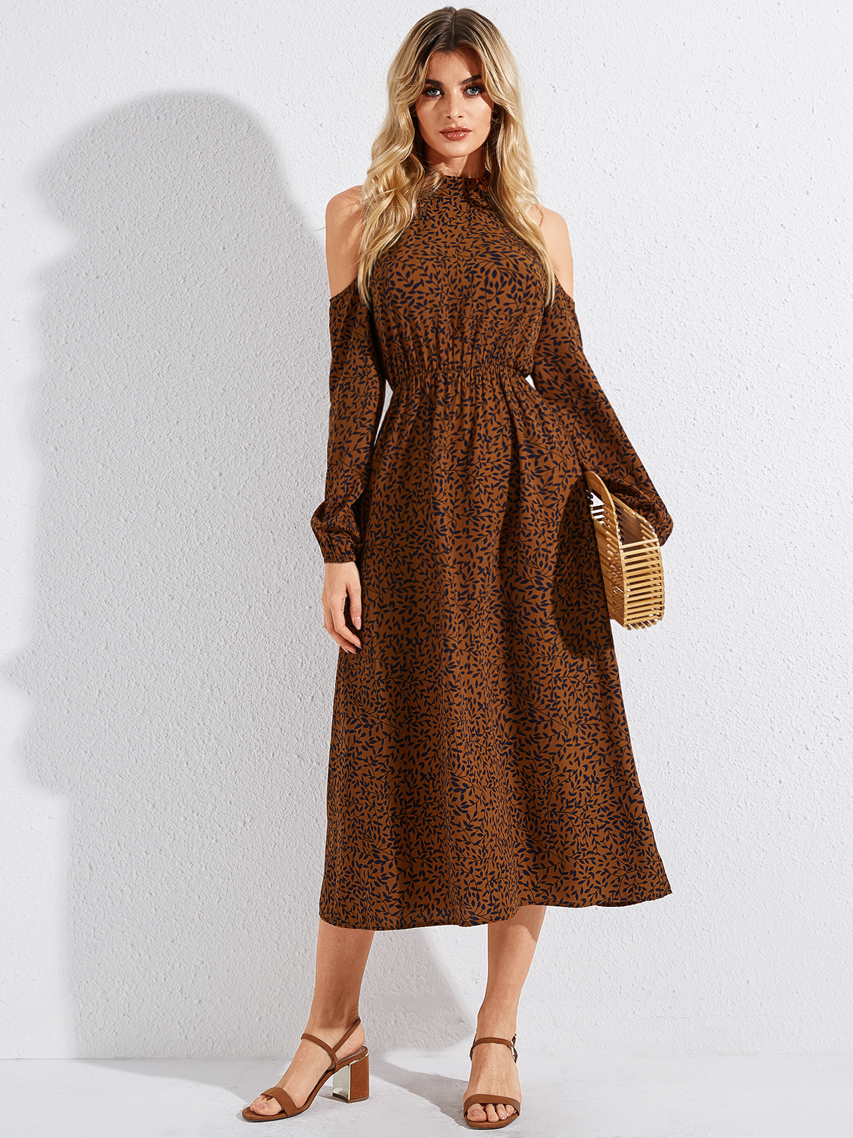 YOINS Camel Print Halter Cold Shoulder Long Sleeves Dress