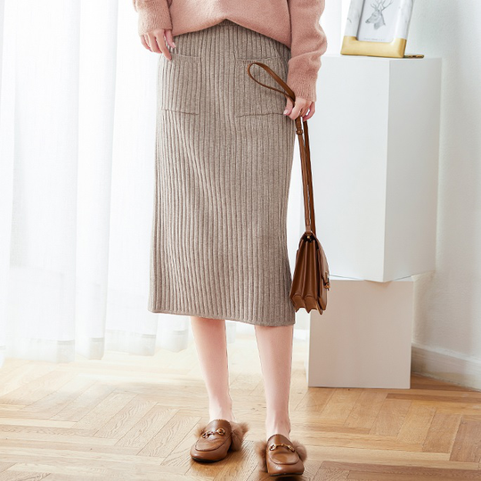 Souland - Drawstring-Waist Ribbed Midi Knit Skirt - Beige/One Size