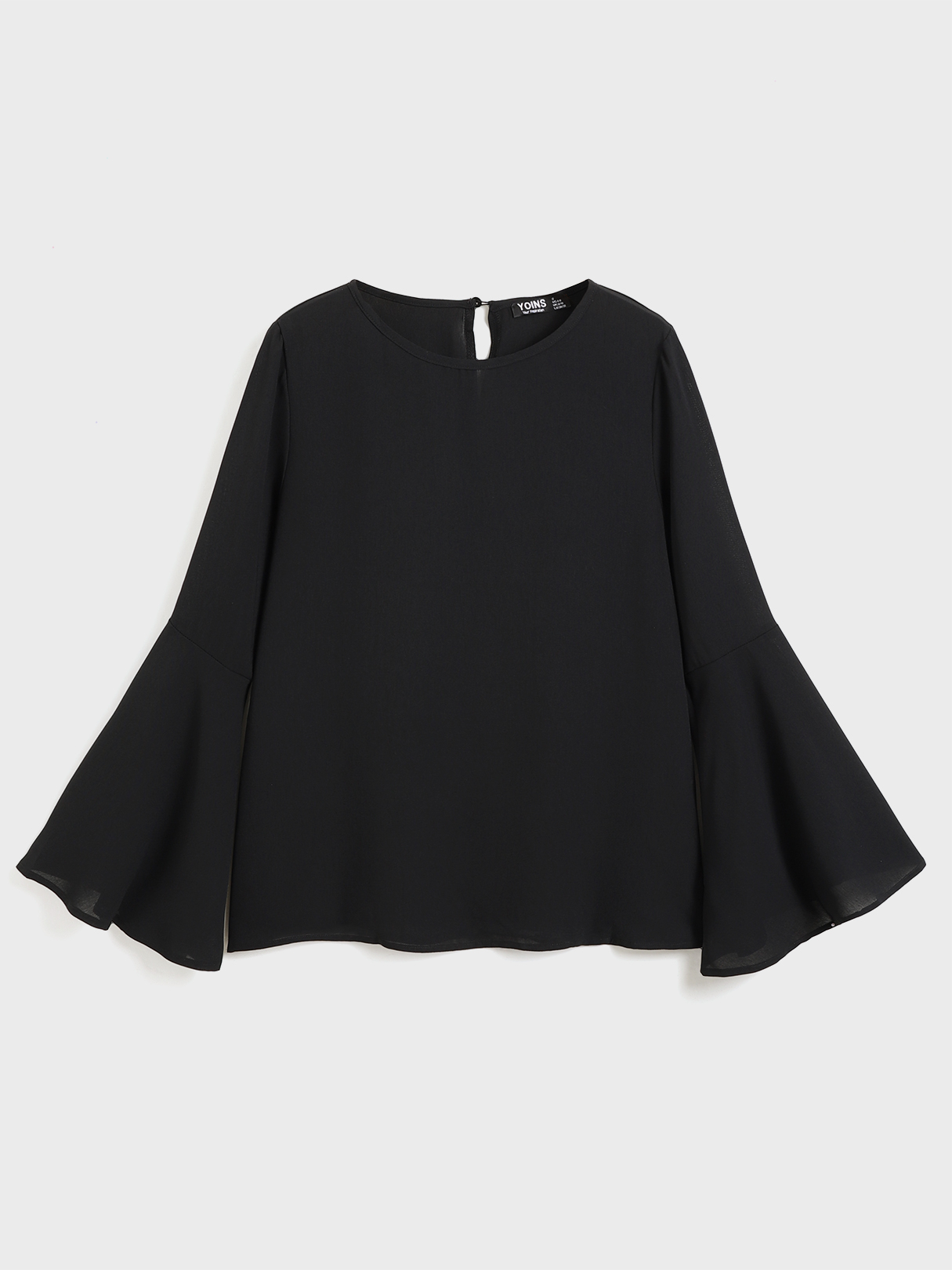 YOINS BASICS Black Button Keyhole Design Round Neck Long Sleeves Tee