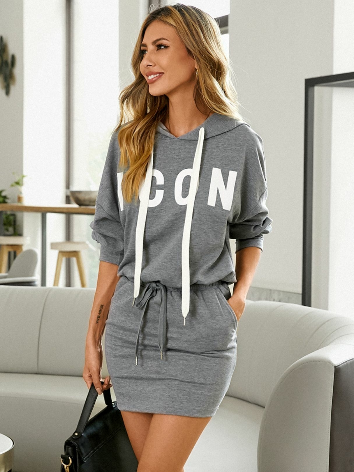 YOINS Hooded Letter Drawstring Long Sleeves Sweatshirt Dress