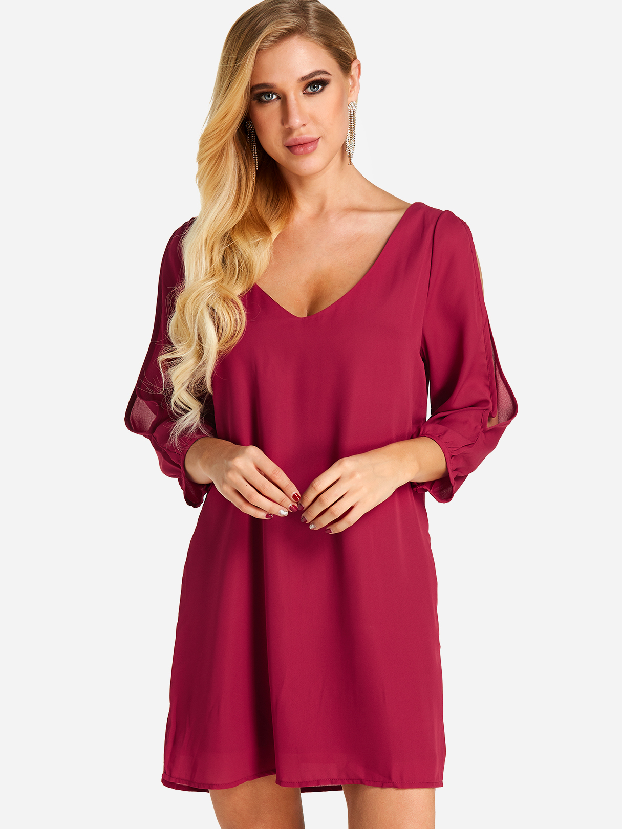 Burgundy Cut Out Plain V-neck 3/4 Length Sleeves Dress