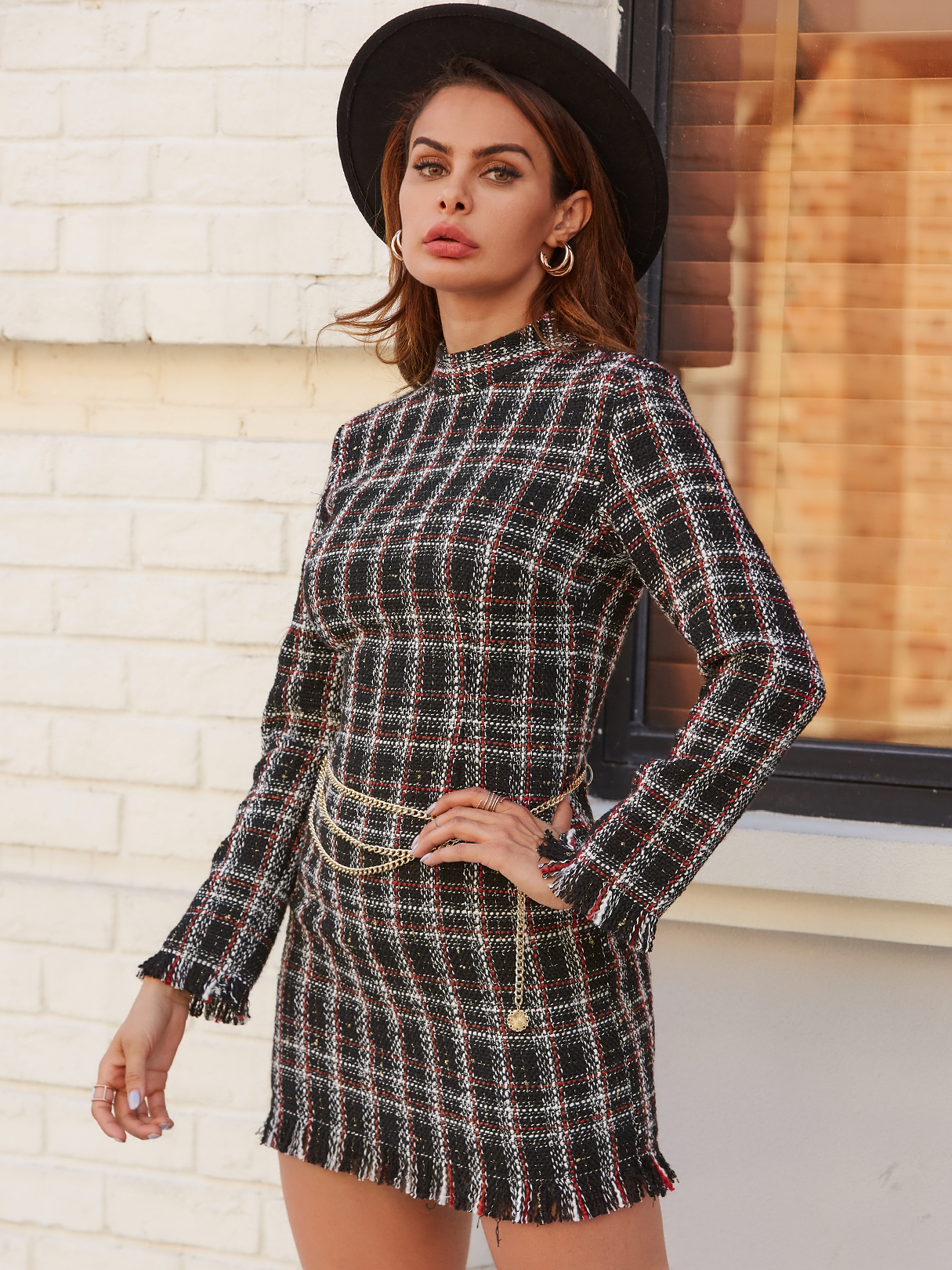 YOINS Black Check Tassel Details Stand Collar Long Sleeves Dress