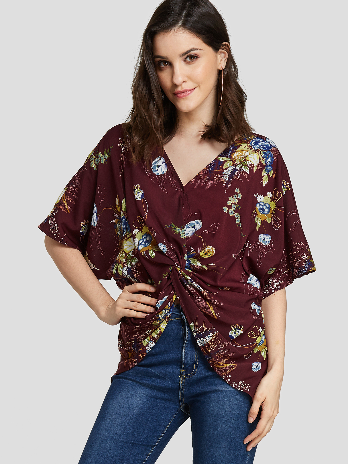 Burgundy Randm Floral Print V-neck Short Sleeves Tee