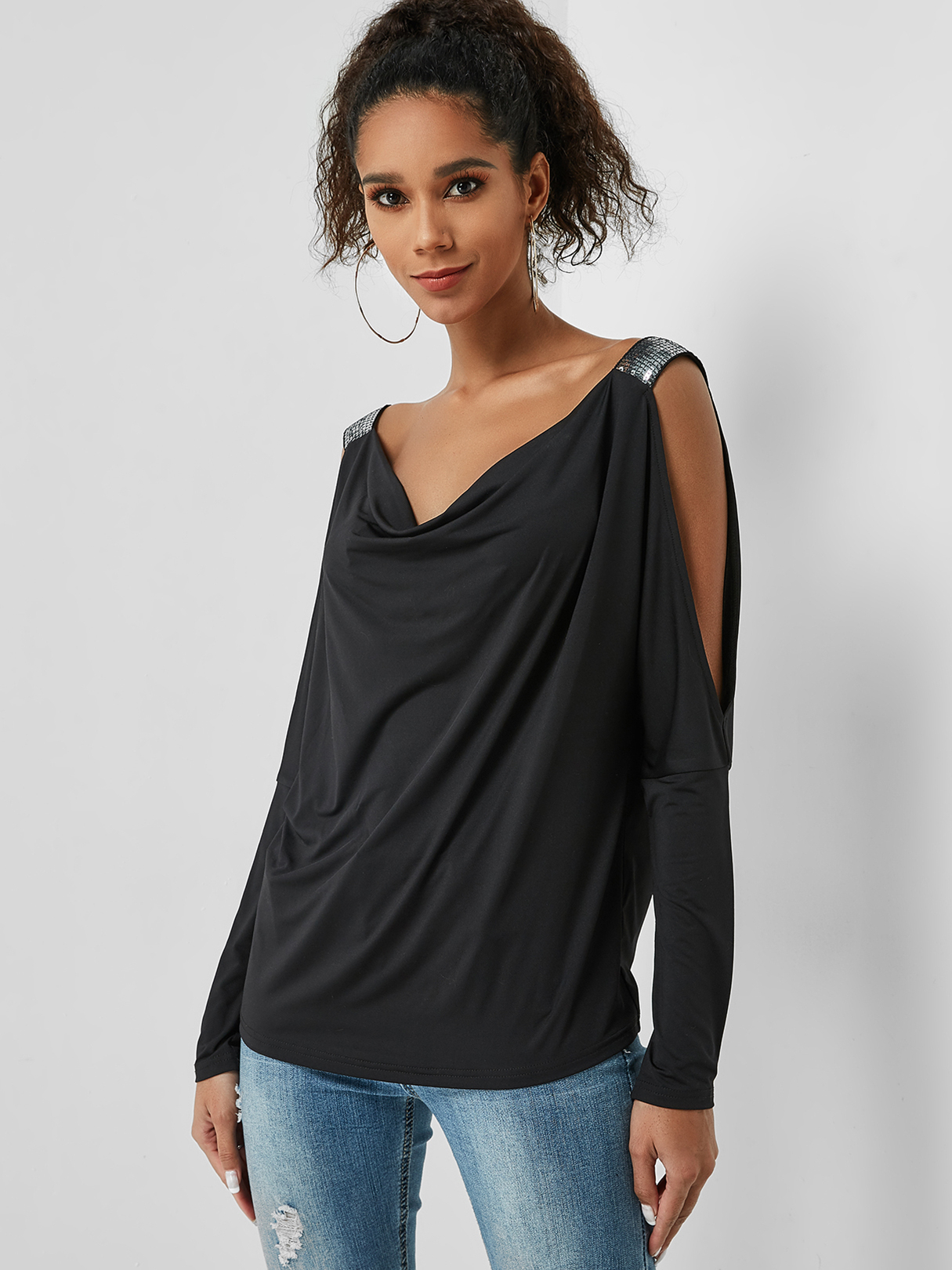 Black Draped Front Sequin Cold Shoulder Cutout Top