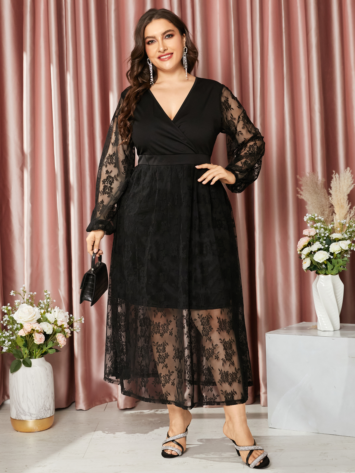 YOINS Plus Size V-neck Crossed Front Design Lace Patchwork Design Long Sleeves Dress