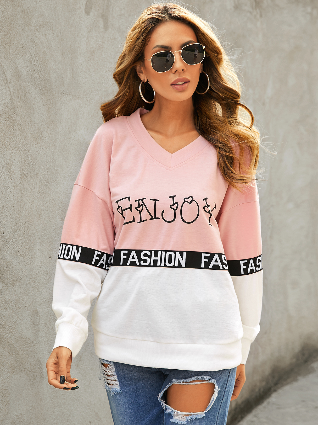 YOINS Letter Patchwork V-neck Long Sleeves Sweatshirt