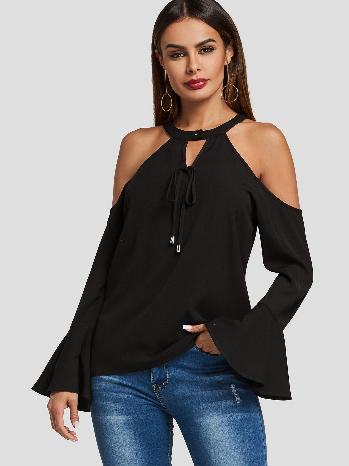 Black Cut Out Cold Shoulder Bell Sleeves Fashion Blouse