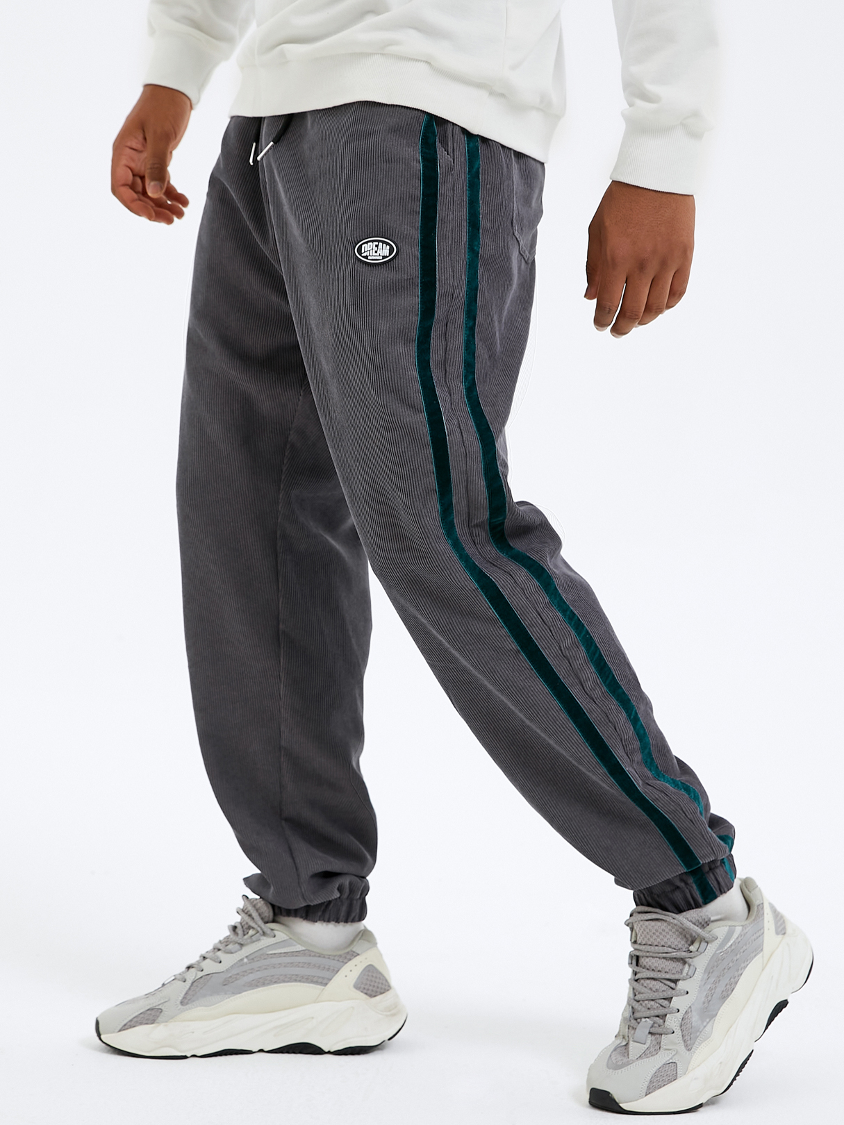 Men Casual Corduroy Plain Side Stripe Drawstring Casual Pants